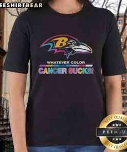 Alt Text: Baltimore Ravens ladies tee featuring vibrant colors and a 'Cancer Sucks' logo for football fans and supporters.