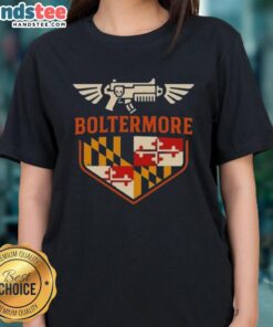 Top Boltermore Warhammer X Maryland Flag logo on a stylish ladies tee, perfect for gamers and fashion enthusiasts.