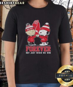 Boston Red Sox X Snoopy and Charlie Brown 'Best Friends Forever' ladies tee showcasing teamwork and friendship spirit.