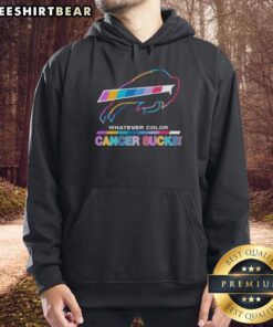 Alt Text: Buffalo Bills hoodie featuring colorful 'Cancer Sucks' logo, perfect for fans supporting cancer awareness.