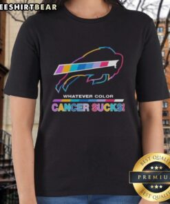 Buffalo Bills football ladies tee featuring 'Cancer Sucks' logo in team colors, perfect for fans supporting a cause.