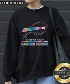 Buffalo Bills sweatshirt featuring vibrant colors and 'Cancer Sucks' logo, perfect for fans supporting a cause.