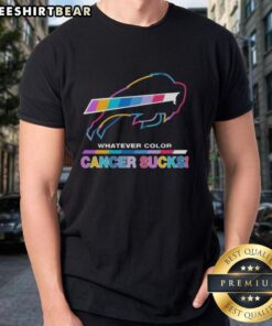 Buffalo Bills Football T-Shirt featuring 'Cancer Sucks' logo in vibrant colors, perfect for team spirit and awareness.