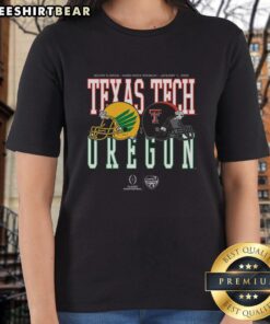 Alt Text: 2026 Capital One Orange Bowl matchup: Oregon vs Texas Tech helmet design featured on ladies tee shirt.