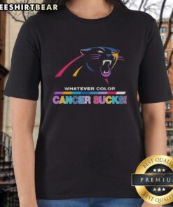 Carolina Panthers Football ladies tee featuring colorful 'Cancer Sucks' logo, perfect for fans supporting the cause.