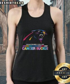 Alt Text: Top Carolina Panthers Football tank top featuring colorful 'Cancer Sucks' logo design.