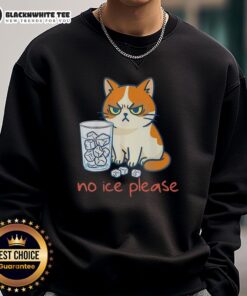 Funny sweatshirt featuring a top cat design with the phrase No Ice Please against an icy background. Perfect for cat lovers!