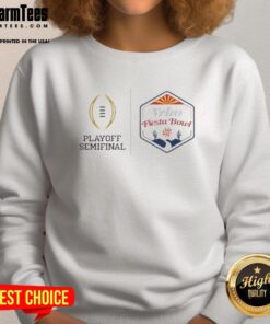 Alt Text: 2026 CFP Semifinal X Vrbo Fiesta Bowl sweatshirt featuring team logos and vibrant colors for fans.