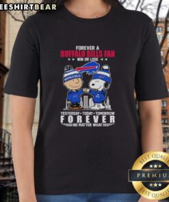 Charlie Brown and Snoopy fist bump in a Buffalo Bills fan tee, celebrating loyalty win or lose. Perfect for sports enthusiasts!