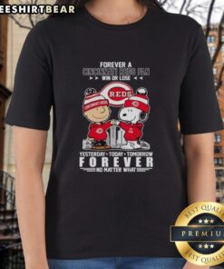 Alt Text: Top Charlie Brown fist bump with Snoopy in Cincinnati Reds fan tee, celebrating loyalty win or lose.