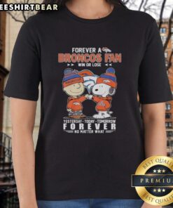 Top Charlie Brown fist bump with Snoopy, celebrating Denver Broncos fandom in a 'Win or Lose' ladies tee.