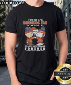 Alt Text: Charlie Brown fist bump with Snoopy on a Denver Broncos fan t-shirt celebrating loyalty win or lose.