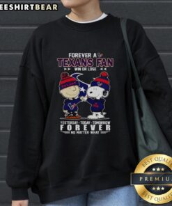 Alt Text: Top Charlie Brown Fist Bump with Snoopy sweatshirt for Houston Texans fans, showing support win or lose.