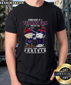 Charlie Brown and Snoopy fist bump on Houston Texans fan t-shirt, celebrating loyalty win or lose.