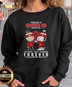 Top Charlie Brown fist bump with Snoopy on Indiana Hoosiers fan sweatshirt, showing loyalty win or lose.
