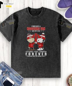 Top Charlie Brown fist bump with Snoopy on a washed Indiana Hoosiers fan t-shirt, celebrating loyalty win or lose.