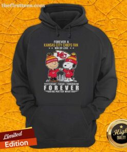 Alt Text: Charlie Brown and Snoopy fist bump in Kansas City Chiefs hoodie, celebrating loyalty win or lose, perfect for fans.