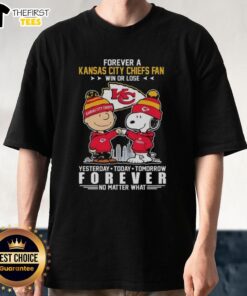 Charlie Brown fist bumping Snoopy on a Kansas City Chiefs fan t-shirt celebrating loyalty win or lose.