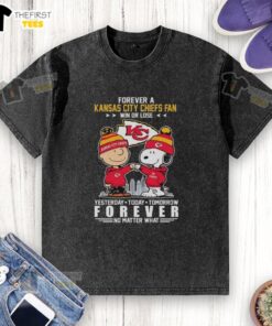 Alt Text: Top Charlie Brown fist bump with Snoopy, Kansas City Chiefs fan shirt, celebrating loyalty win or lose.
