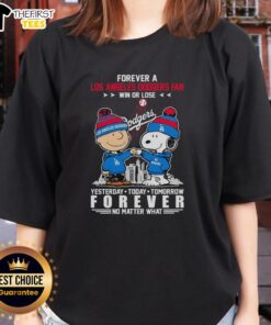 Alt Text: Top Charlie Brown fist bump with Snoopy, celebrating Dodgers fandom in a ladies tee, win or lose, forever loyal.