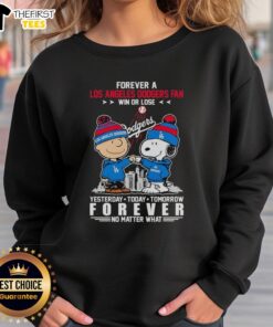Charlie Brown and Snoopy fist bump in Dodgers sweatshirt, showcasing loyalty as a fan win or lose. Perfect for Dodgers supporters!