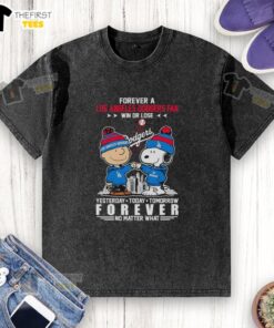 Charlie Brown and Snoopy fist bump in a 'Forever a Dodgers Fan' t-shirt, showcasing loyalty win or lose.