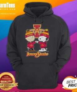 Charlie Brown and Snoopy fist bump in Iowa State Cyclones football hoodie, perfect for fans of the team and Peanuts.