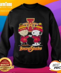Top Charlie Brown fist bump with Snoopy on Iowa State Cyclones football sweatshirt, perfect for fans and cozy game days.