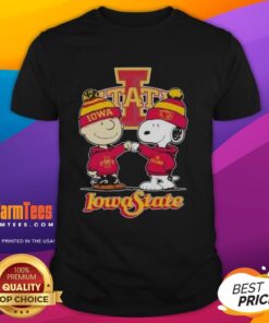 Top Charlie Brown fist bump with Snoopy on Iowa State Cyclones football T-shirt, perfect for fans and casual wear.
