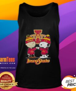 Top Charlie Brown fist bump with Snoopy, featuring Iowa State Cyclones football tank top design for fans.