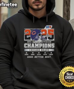 Alt Text: Chicago Bears 2025 NFC North Division Champions Good Better Best Helmet Hoodie showcasing team pride and style.
