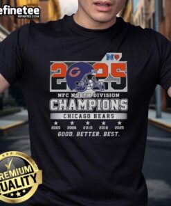 Alt Text: Chicago Bears 2025 NFC North Division Champions helmet t-shirt featuring 'Good Better Best' design for fans.