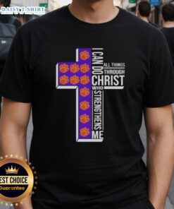 Alt Text: Clemson Tigers women's basketball t-shirt featuring 'I Can Do All Things Through Christ Who Strengthens Me' slogan.