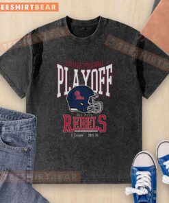 Top College Football Playoff 2025-26 Ole Miss Playoff Bound washed t-shirt displayed on a wooden background.