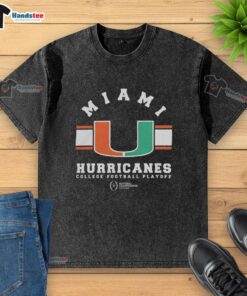 Alt Text: 2026 National Championship logo on a washed t-shirt featuring Miami Hurricanes for college football playoff fans.