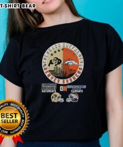 Stylish ladies tee featuring a mashup of Colorado Buffaloes and Denver Broncos helmet logos for game day.