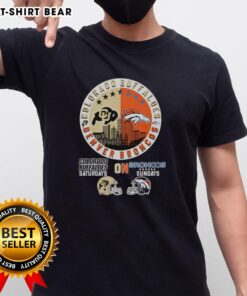 Colorado Buffaloes and Denver Broncos helmet logo mashup T-shirt, perfect for sports fans on game days.