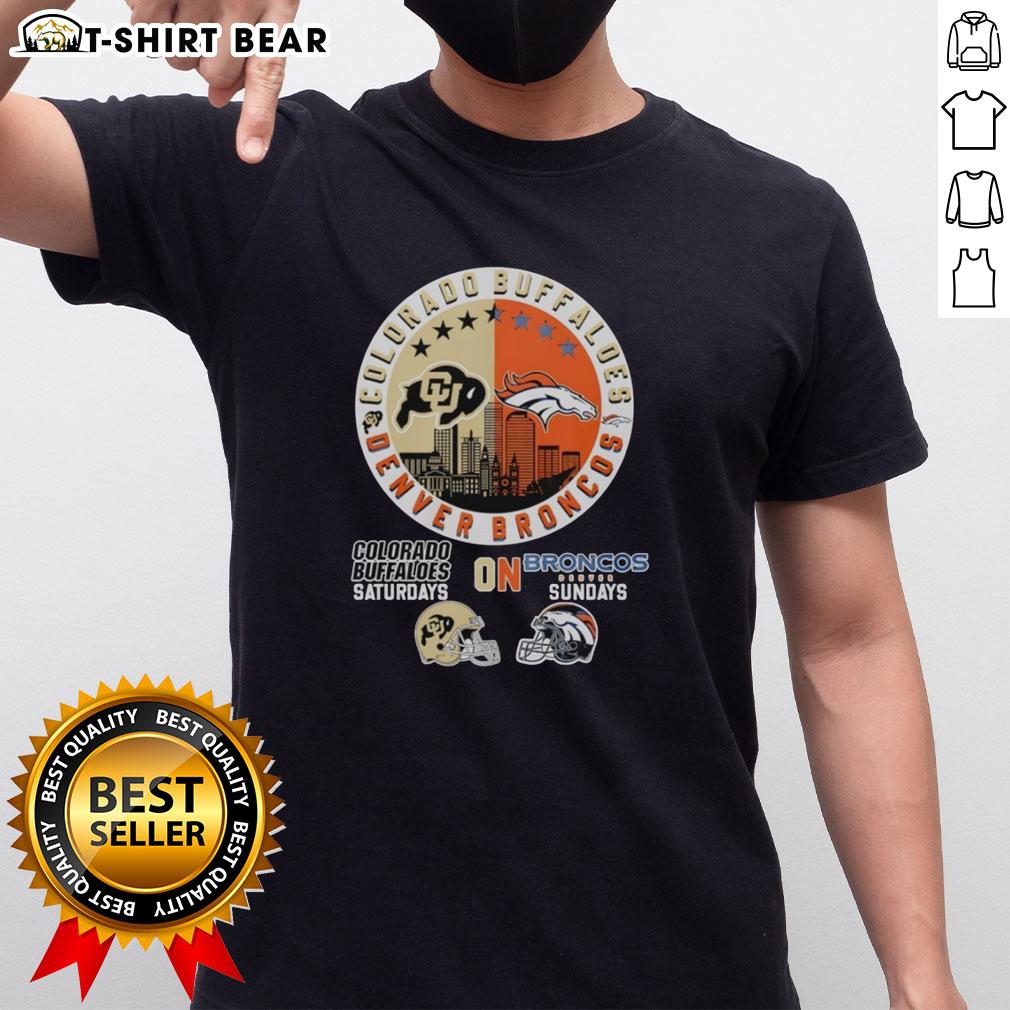 Top Colorado Buffaloes On Saturdays And Denver Broncos On Sundays Helmet Logo Mashup T-Shirt Colorado Buffaloes and Denver Broncos helmet logo mashup T-shirt, perfect for sports fans on game days.
