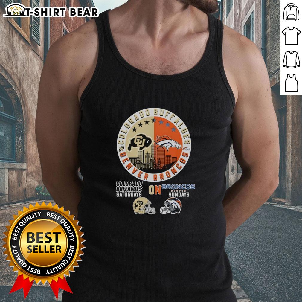 Top Colorado Buffaloes On Saturdays And Denver Broncos On Sundays Helmet Logo Mashup Tank Top Colorado Buffaloes and Denver Broncos helmet logo mashup on a stylish tank top for game day wear.
