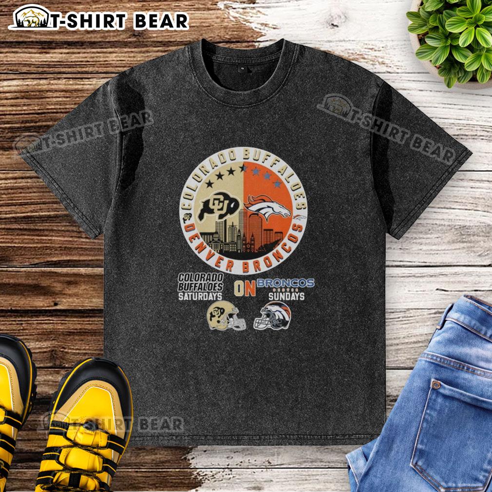 Top Colorado Buffaloes On Saturdays And Denver Broncos On Sundays Helmet Logo Mashup Washed T-Shirt Top Colorado Buffaloes and Denver Broncos helmet logo mashup on a washed t-shirt for game day style.