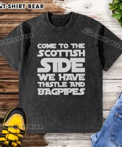 Scottish-themed washed t-shirt featuring thistle and bagpipes design, perfect for casual wear or gifting.