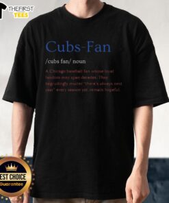 Alt Text: Top Cubs fan in Chicago wearing a loyal fandom t-shirt, showcasing pride for the Chicago baseball team.