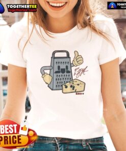 Alt Text: Top D.J. Moore Cheese Grater Ladies Tee featuring a fun cheese grater graphic, perfect for fans of unique apparel.
