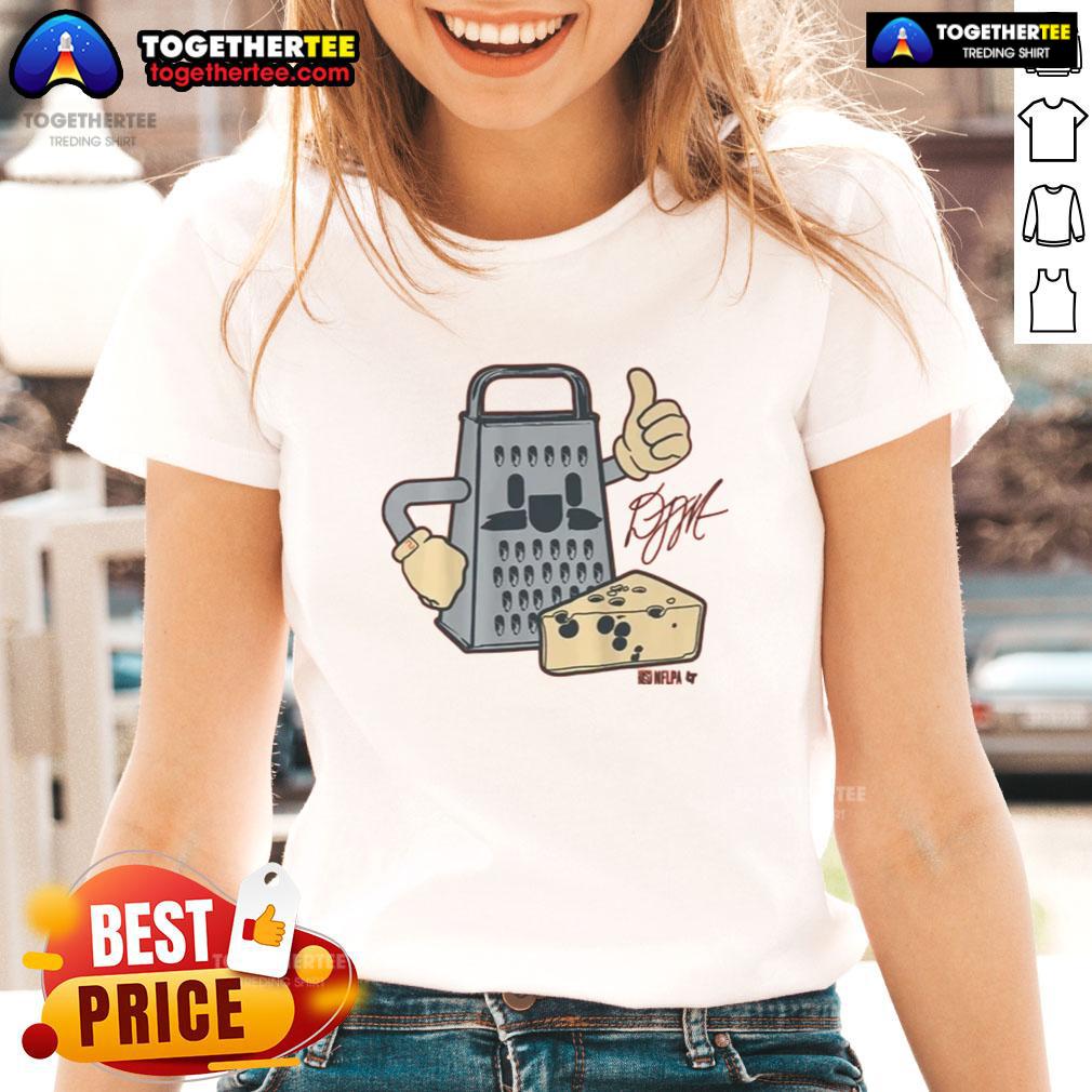 Top D.J. Moore Cheese Grater Ladies Tee Alt Text: Top D.J. Moore Cheese Grater Ladies Tee featuring a fun cheese grater graphic, perfect for fans of unique apparel.