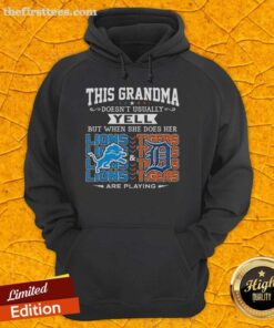 Grandma wearing a Detroit Lions and Tigers hoodie, playfully yelling in support of her favorite teams.