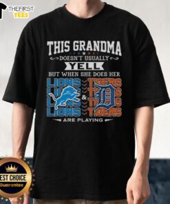 Grandma wearing a T-shirt expressing excitement for Detroit Lions and Tigers, showcasing her playful spirit.