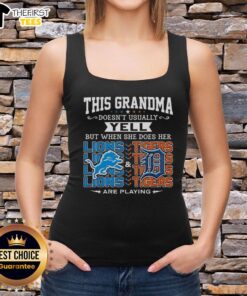 Grandma in a tank top cheering for the Detroit Lions and Tigers, showcasing her playful spirit and team pride.
