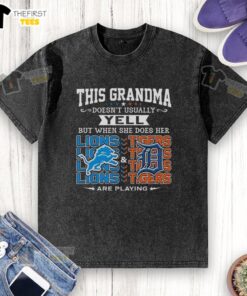 Grandma proudly wearing a washed Detroit Lions and Tigers t-shirt, showing her passion for Detroit sports.