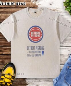 Alt Text: Top Detroit Pistons Eastern Conference 2025 washed t-shirt featuring bold team logo and vintage style.