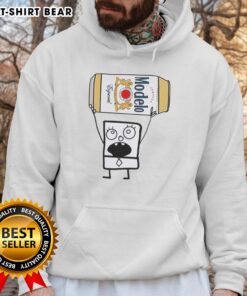 Alt Text: Top Doodlebob holding a Modelo Especial beer can while wearing a stylish hoodie, perfect for fans and collectors.